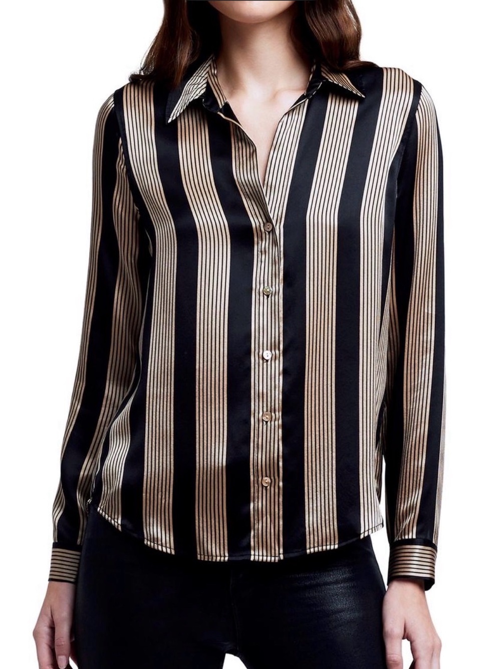 L'AGENCE Black and Gold Vertical-Stripe Satin Blouse